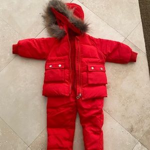 Toddler snow suit. 3T, red, fur trim hood.